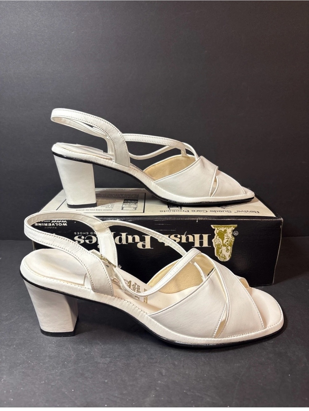 Vtg Hush Puppies Reviva White Suede Slingback Sandals Block Heel  Size 11 NOS
